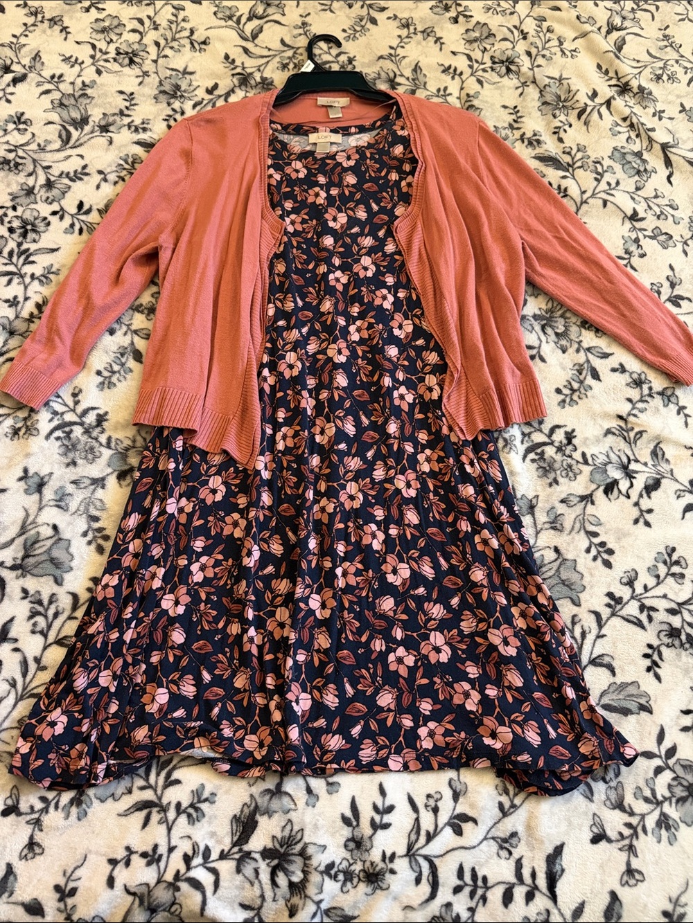 Floral Navy and Coral Midi Dress with Coral Cardigan